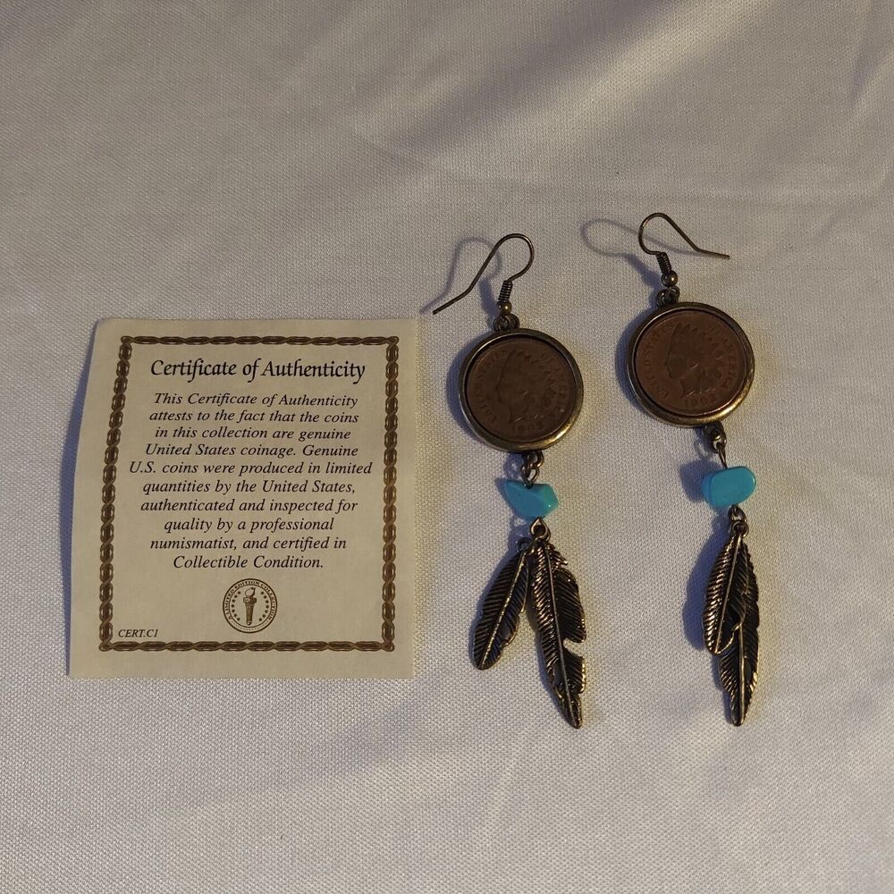 1903 Penny Earrings Dangle Turquoise and Leaves